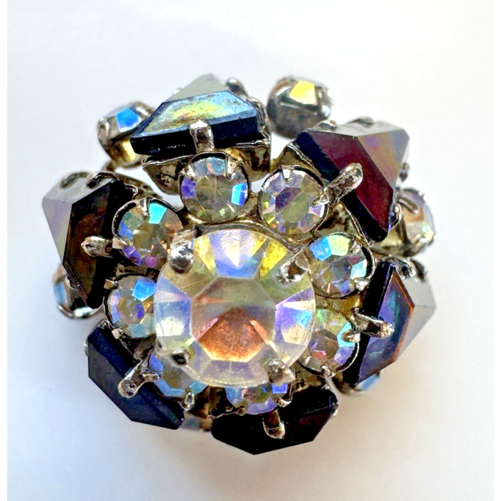 Vintage Aurora Borealis Rhinestone Glass Cluster Button Pin Brooch Fashion